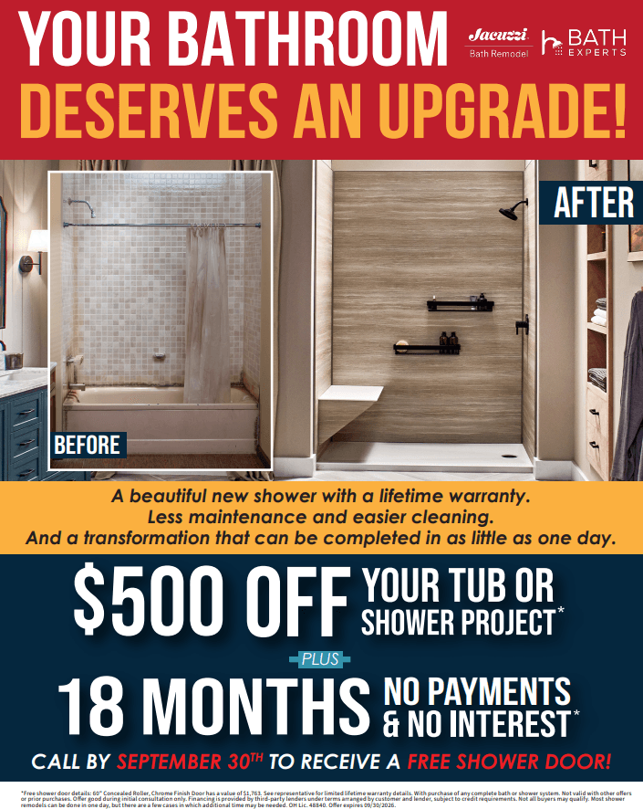 Before and after bathroom renovation showing outdated tiled shower with curtain on left and modern wood-look walk-in shower on right, promoting $500 off tub or shower projects with 18 months no payments financing through Jacuzzi Bath Experts