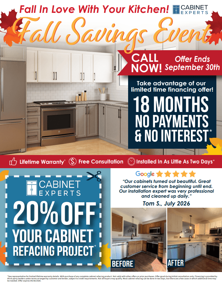 Cabinet Experts Fall Savings Event flyer featuring modern white kitchen cabinets, 18 months no payments financing offer ending September 30th, 20% off coupon, and before/after kitchen remodel photos with customer testimonial