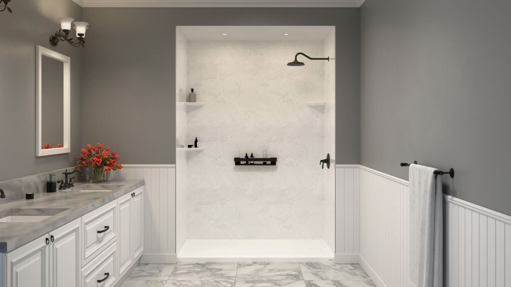 Bright and airy bathroom with Jacuzzi Crystal Frost acrylic walls, subtle silver veining, and polished chrome fixtures.