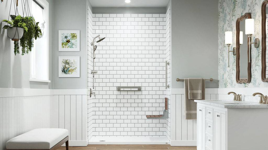 Contemporary bathroom featuring Jacuzzi Textured Grout acrylic wall system with subway tile aesthetics and minimalistic fixtures.