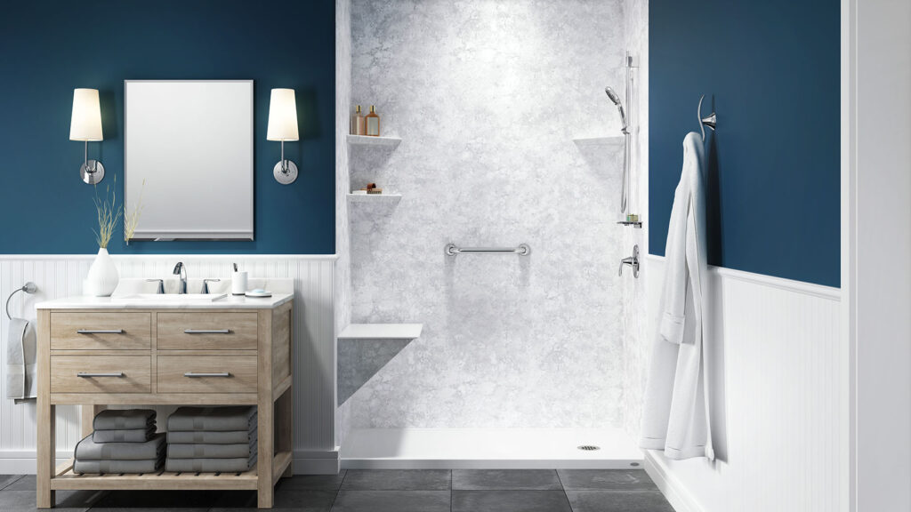 Stylish bathroom with Jacuzzi Windstorm Marble acrylic walls, replicating luxurious marble, paired with natural wood accents.